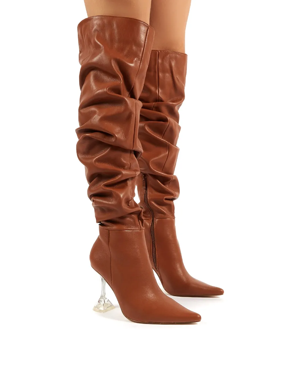 Adalee Tan PU Statement Heeled Slouch Over the Knee Boots