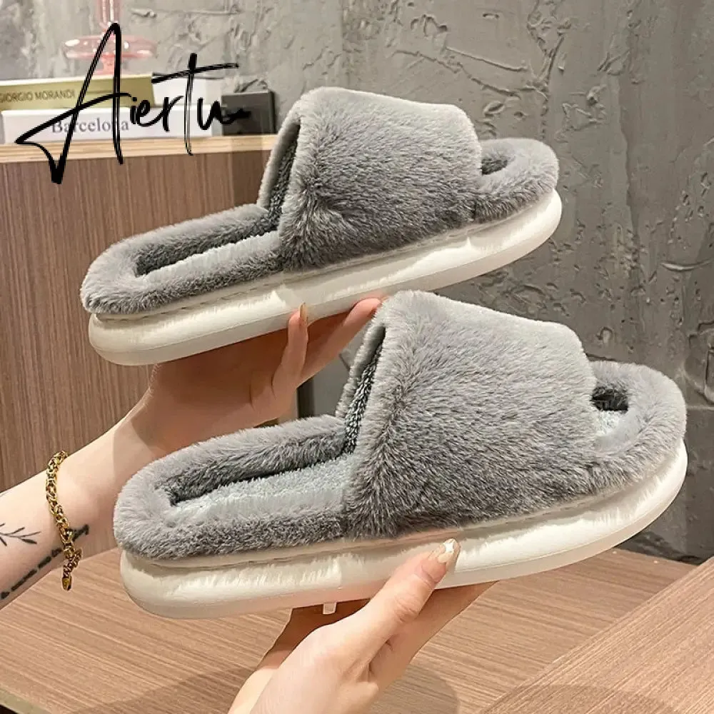 Aiertu Thick Fluffy Fur Slippers New Women Winter House Warm Furry Slippers Women Flip Flops Home Slides Flat Indoor Floor Shoes