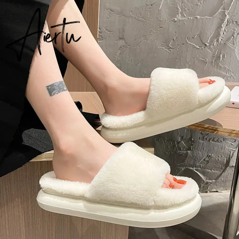 Aiertu Thick Fluffy Fur Slippers New Women Winter House Warm Furry Slippers Women Flip Flops Home Slides Flat Indoor Floor Shoes