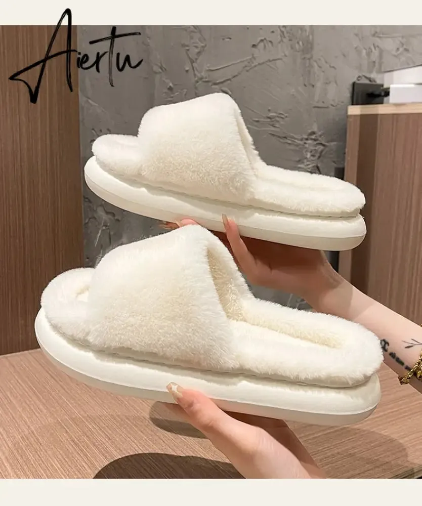 Aiertu Thick Fluffy Fur Slippers New Women Winter House Warm Furry Slippers Women Flip Flops Home Slides Flat Indoor Floor Shoes