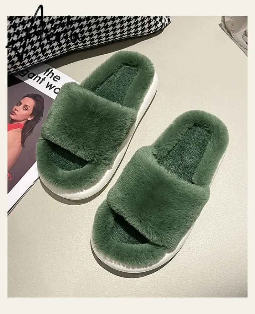 Aiertu Thick Fluffy Fur Slippers New Women Winter House Warm Furry Slippers Women Flip Flops Home Slides Flat Indoor Floor Shoes