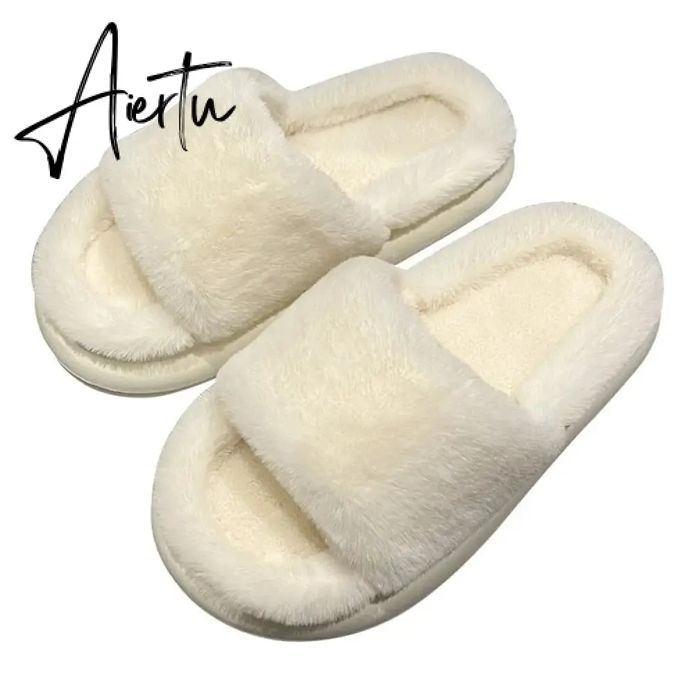 Aiertu Thick Fluffy Fur Slippers New Women Winter House Warm Furry Slippers Women Flip Flops Home Slides Flat Indoor Floor Shoes