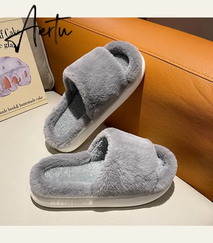 Aiertu Thick Fluffy Fur Slippers New Women Winter House Warm Furry Slippers Women Flip Flops Home Slides Flat Indoor Floor Shoes