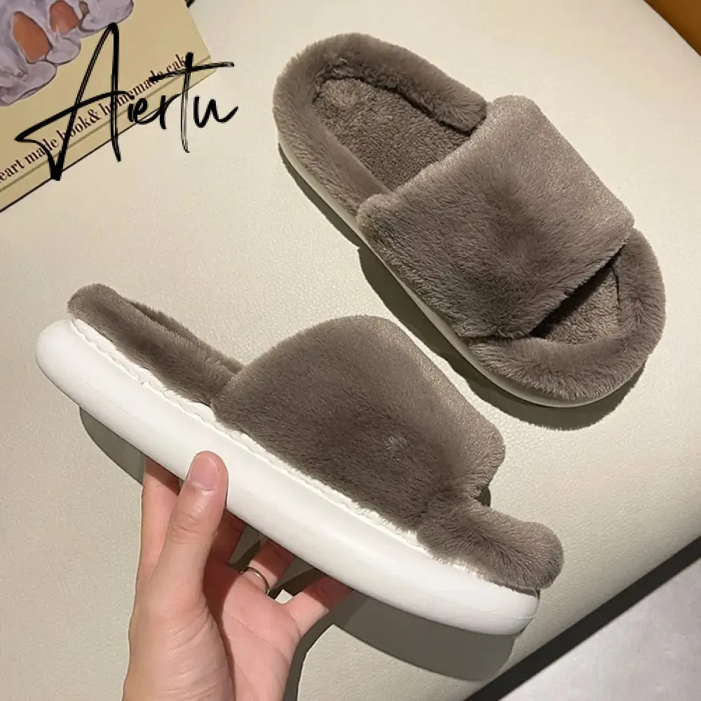 Aiertu Thick Fluffy Fur Slippers New Women Winter House Warm Furry Slippers Women Flip Flops Home Slides Flat Indoor Floor Shoes