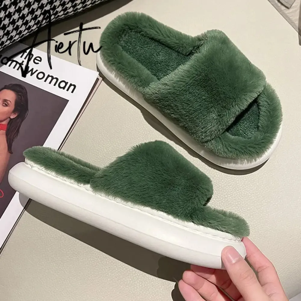 Aiertu Thick Fluffy Fur Slippers New Women Winter House Warm Furry Slippers Women Flip Flops Home Slides Flat Indoor Floor Shoes