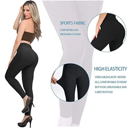 AIMILIA Textured Anti Cellulite Leggings for Women High Waisted Yoga Pants Workout Tummy Control Sport Tights Black