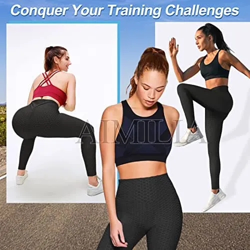 AIMILIA Textured Anti Cellulite Leggings for Women High Waisted Yoga Pants Workout Tummy Control Sport Tights Black