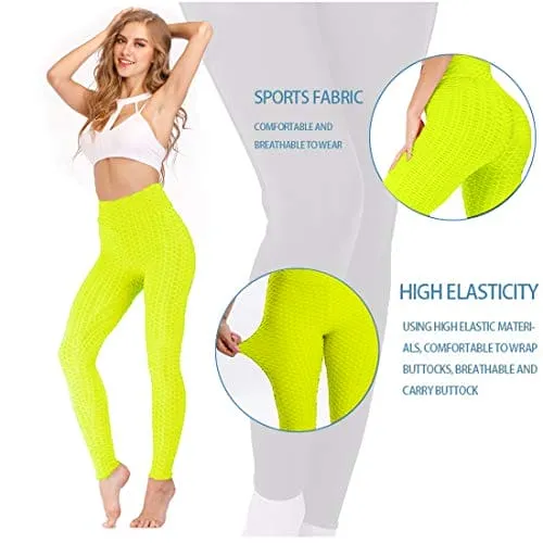 AIMILIA Textured Anti Cellulite Leggings for Women High Waisted Yoga Pants Workout Tummy Control Sport Tights Yellow