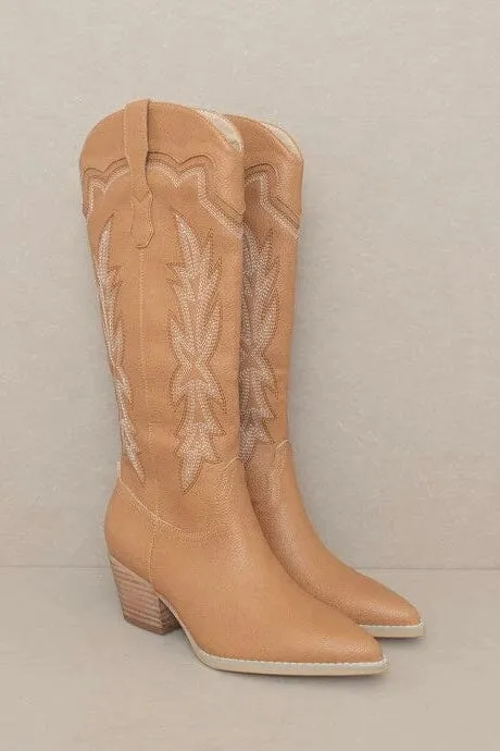 Ainsley Embroidered Knee High Cowboy Boots: Camel