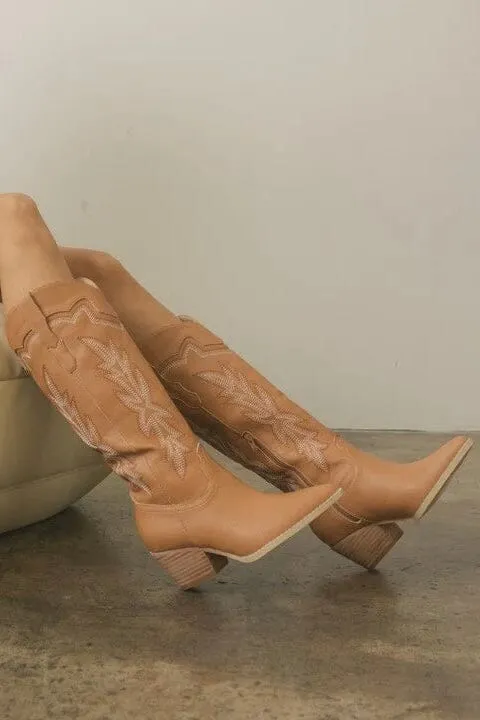 Ainsley Embroidered Knee High Cowboy Boots: Camel