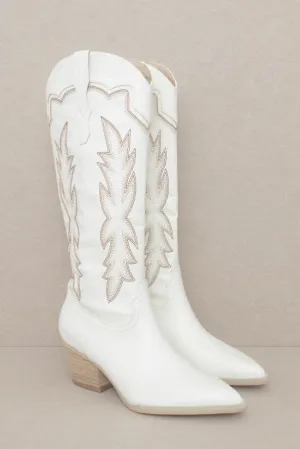 Ainsley Embroidered Knee High Cowboy Boots: White