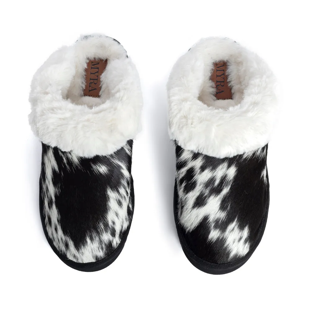 Alamosa Hair-on Hide Lined Slippers in Black & White