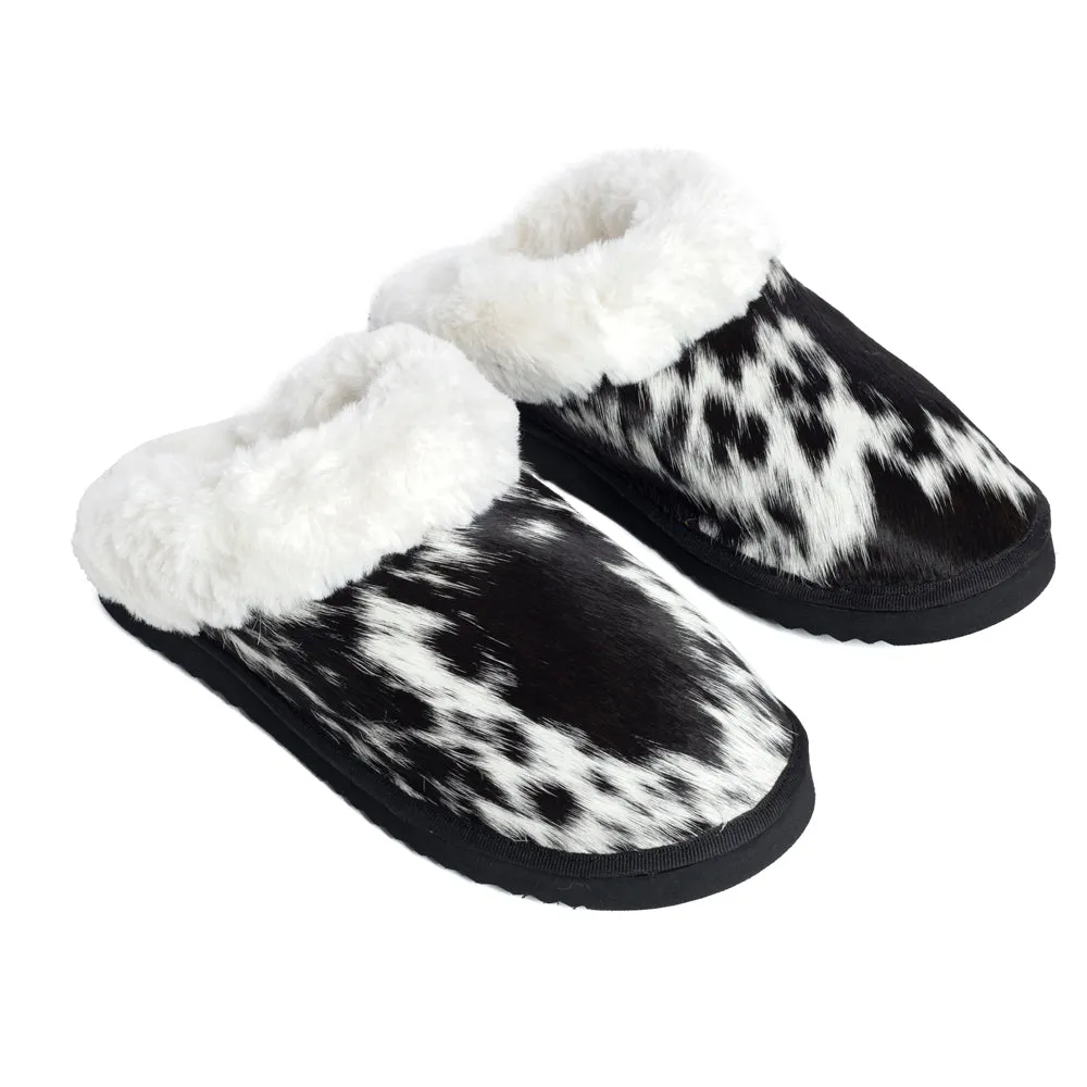 Alamosa Hair-on Hide Lined Slippers in Black & White