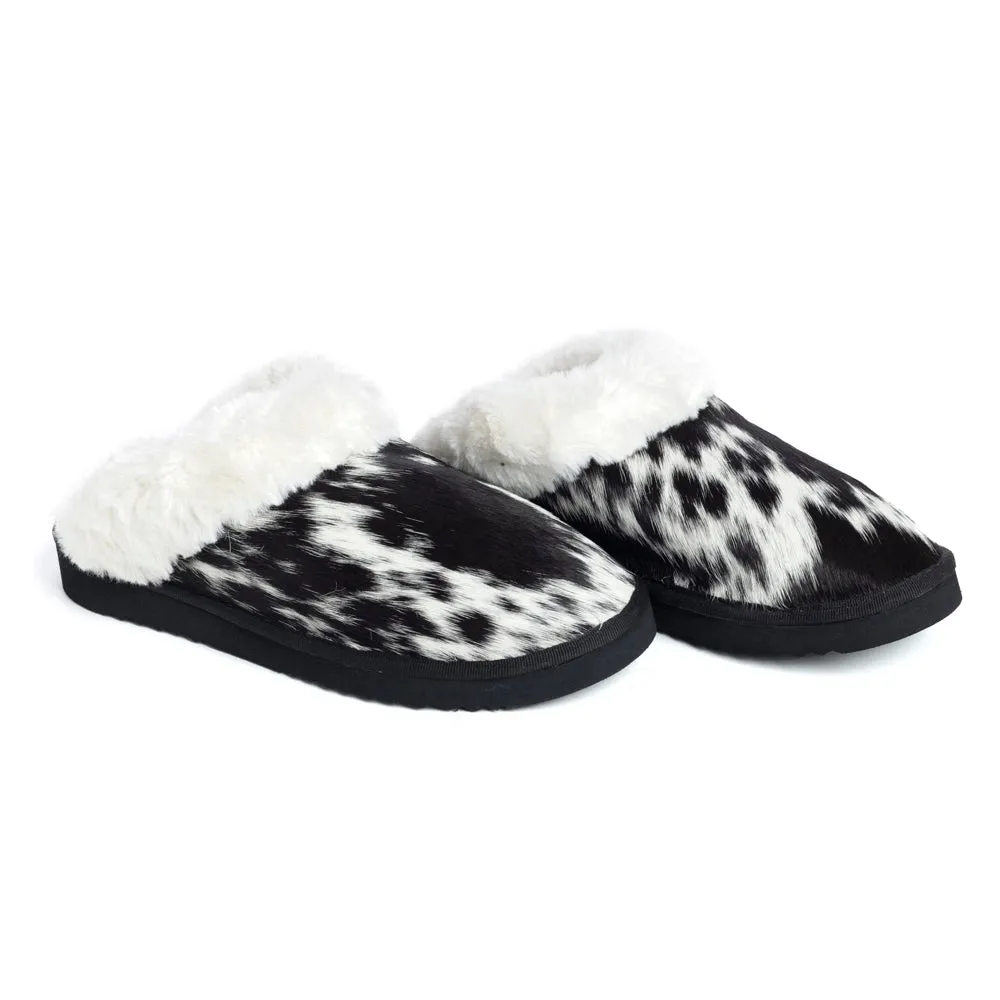 Alamosa Hair-on Hide Lined Slippers in Black & White