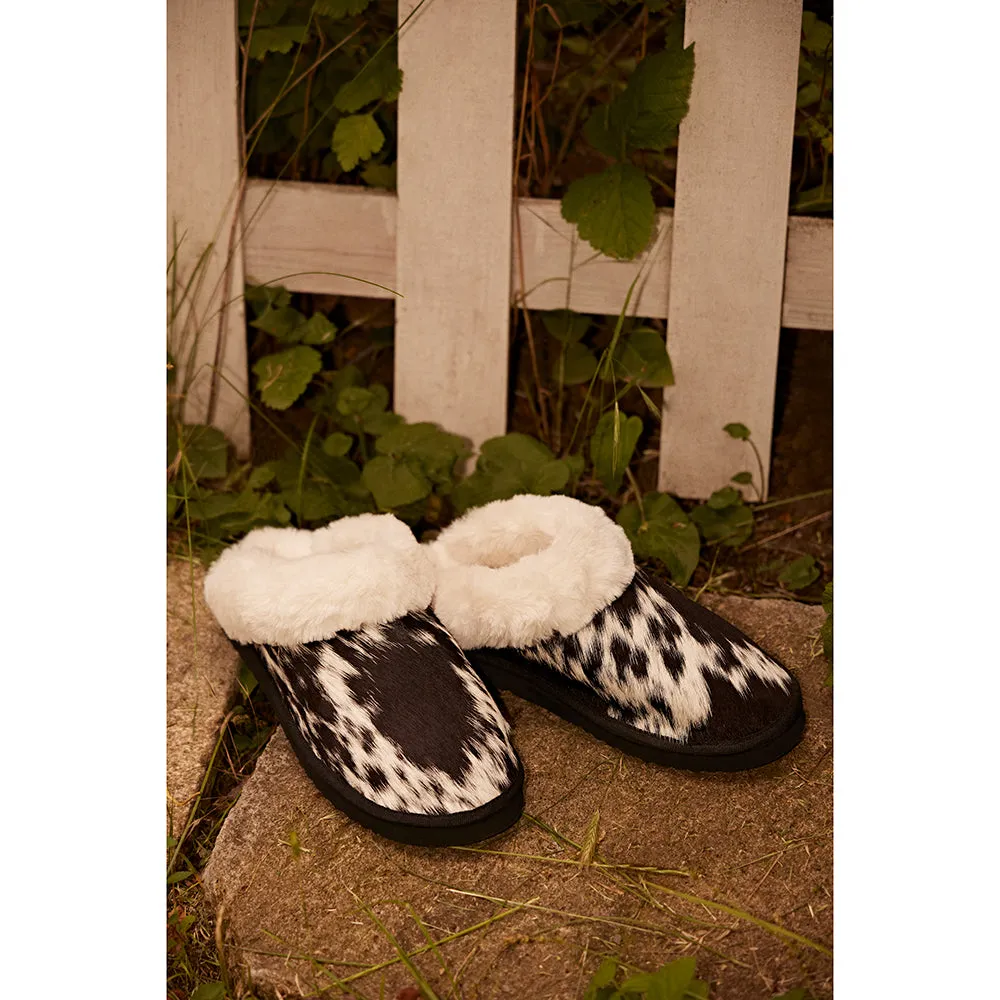 Alamosa Hair-on Hide Lined Slippers in Black & White