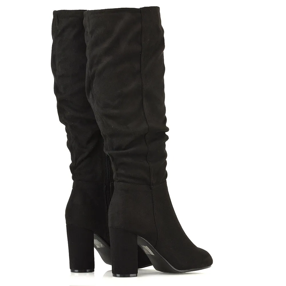 Alana Ruched Zip-up Winter Block Below the Knee High Heeled Long Boots in Silver