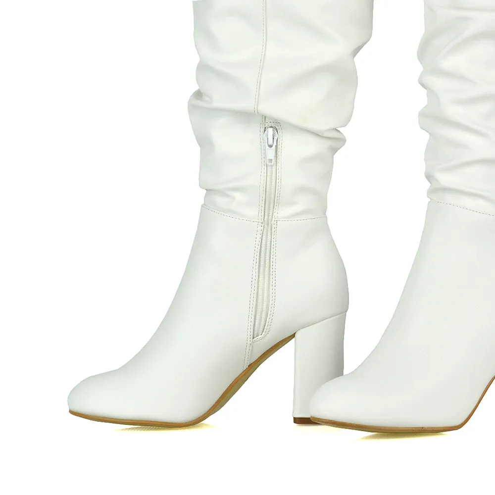 Alana Ruched Zip-up Winter Block Below the Knee High Heeled Long Boots in Silver