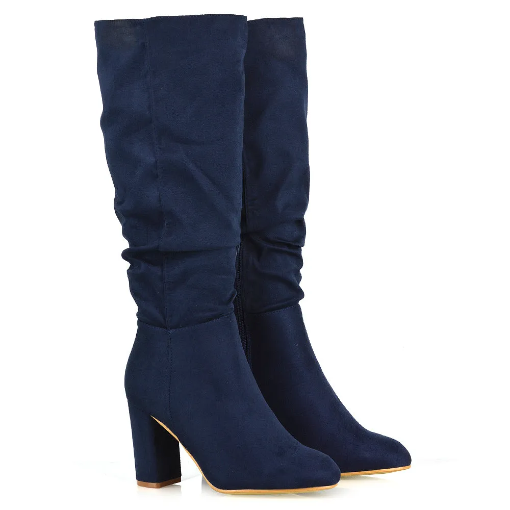 Alana Ruched Zip-up Winter Block Below the Knee High Heeled Long Boots in Silver