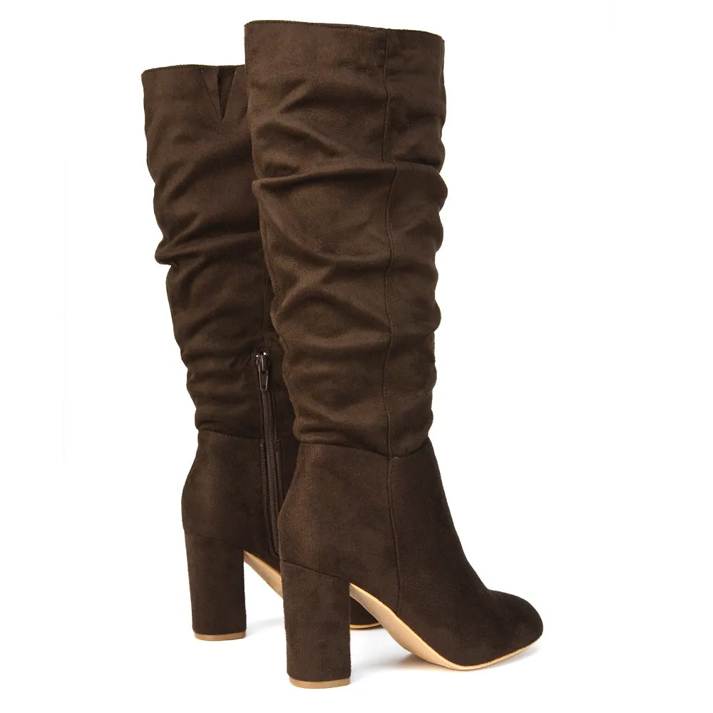 Alana Ruched Zip-up Winter Block Below the Knee High Heeled Long Boots in Silver