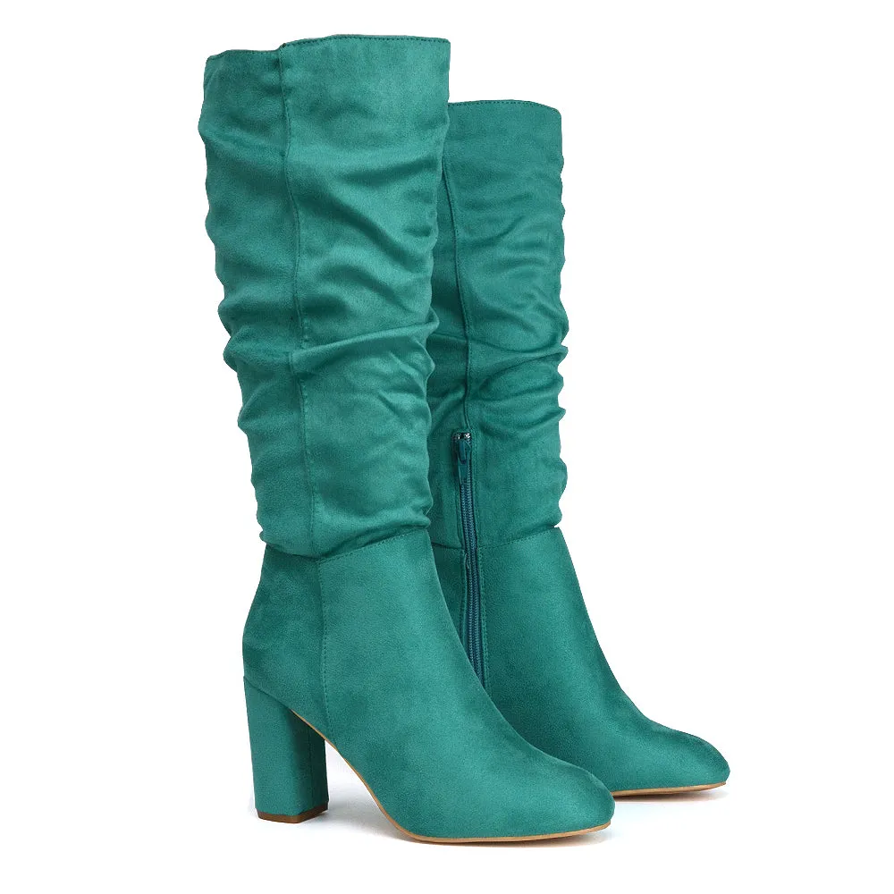 Alana Ruched Zip-up Winter Block Below the Knee High Heeled Long Boots in Silver