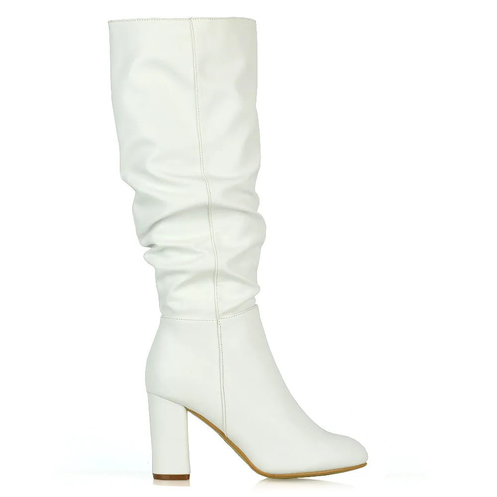 Alana Ruched Zip-up Winter Block Below the Knee High Heeled Long Boots in Silver