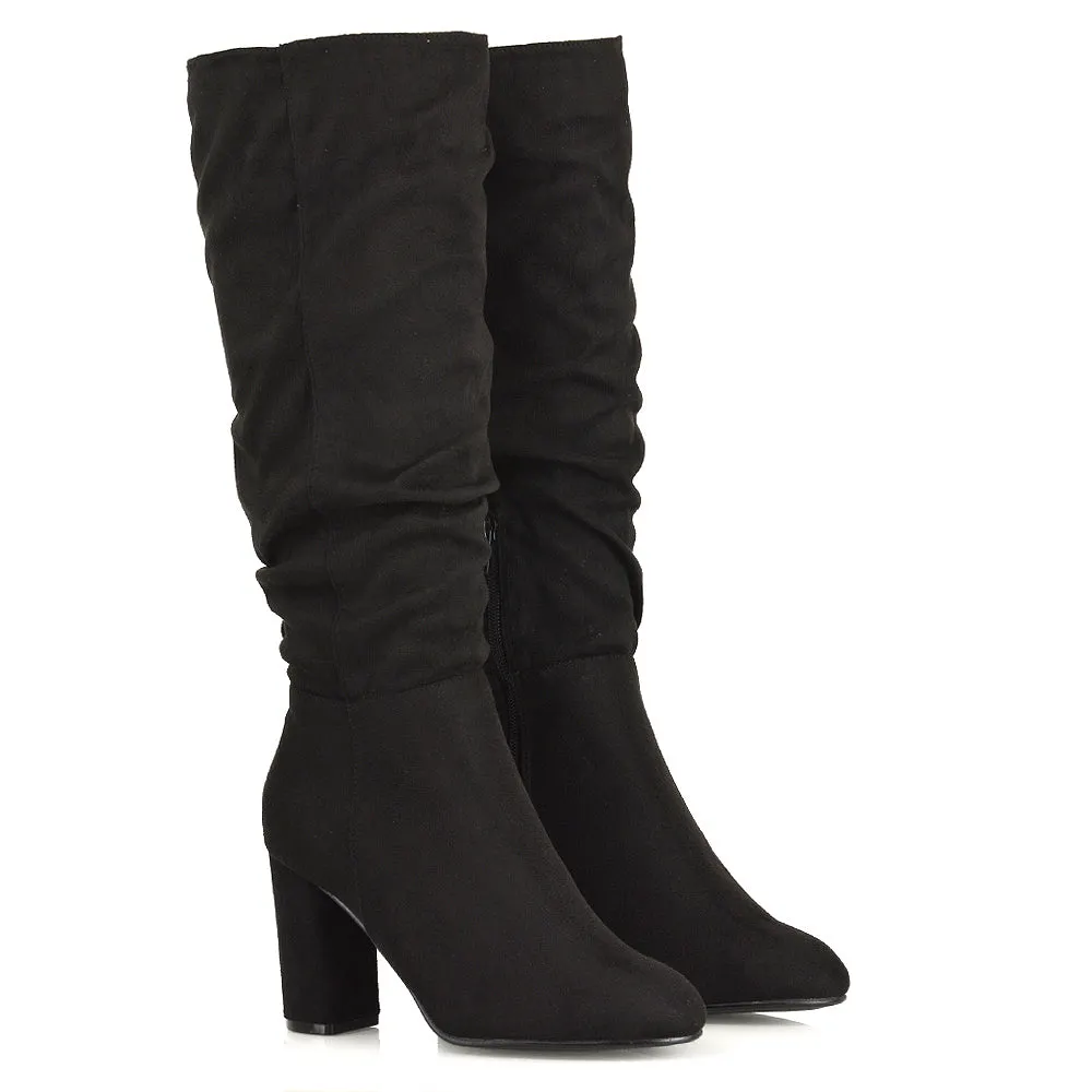 Alana Ruched Zip-up Winter Block Below the Knee High Heeled Long Boots in Silver