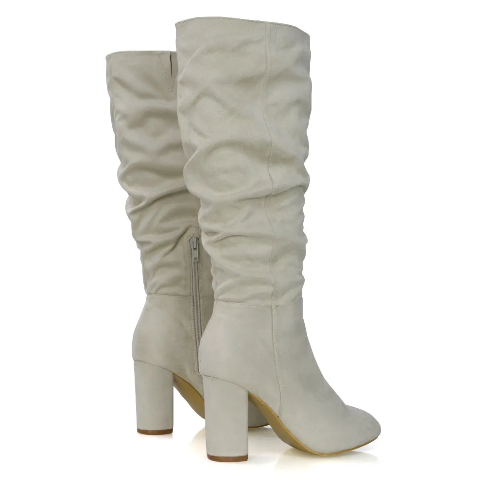 Alana Ruched Zip-up Winter Block Below the Knee High Heeled Long Boots in Silver