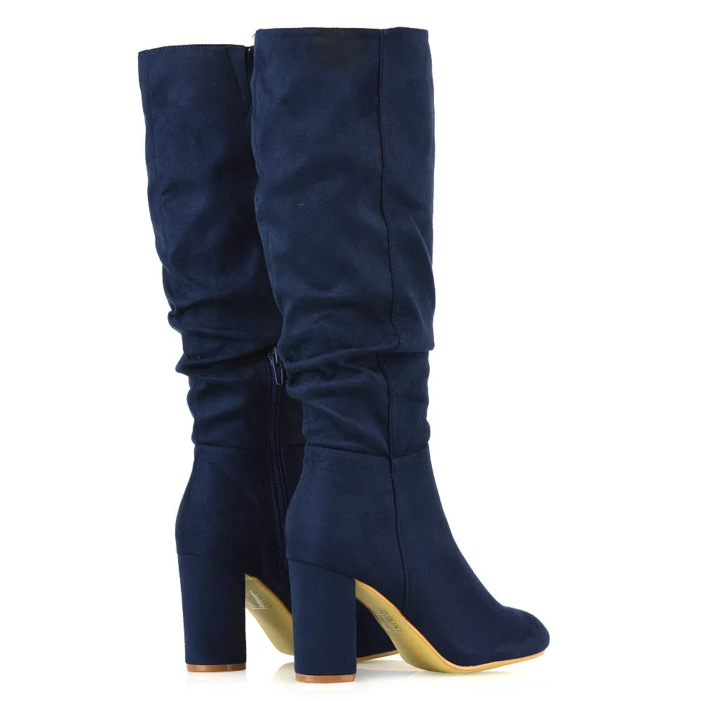 Alana Ruched Zip-up Winter Block Below the Knee High Heeled Long Boots in Silver