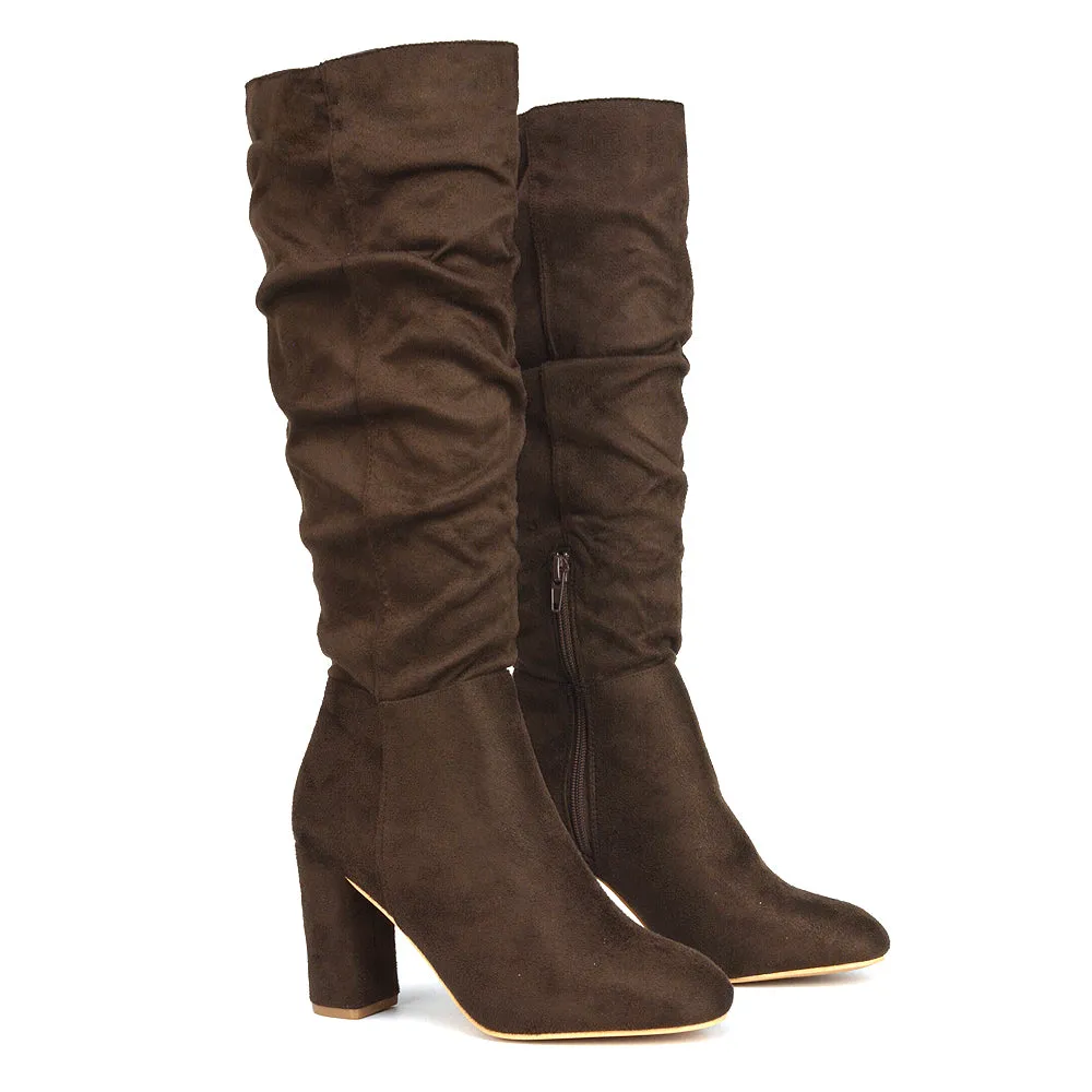 Alana Ruched Zip-up Winter Block Below the Knee High Heeled Long Boots in Silver