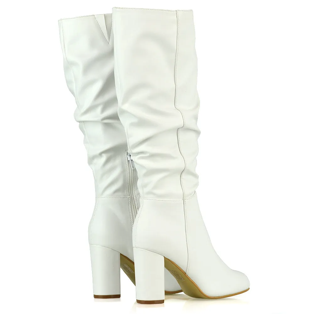 Alana Ruched Zip-up Winter Block Below the Knee High Heeled Long Boots in Silver