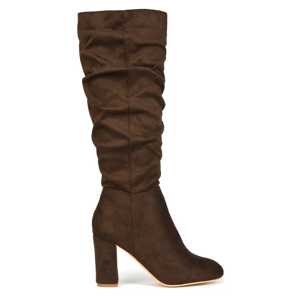 Alana Ruched Zip-up Winter Block Below the Knee High Heeled Long Boots in Silver