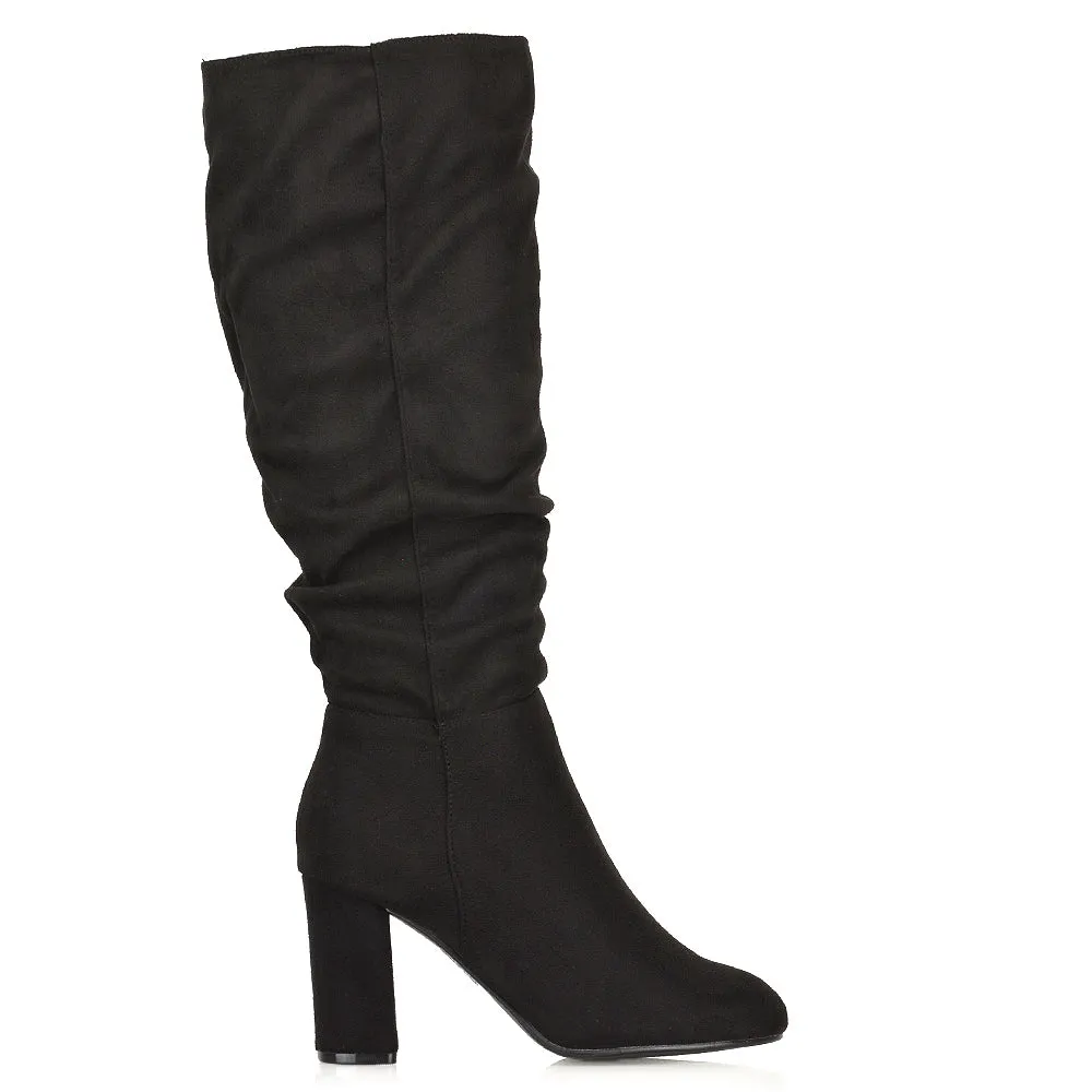 Alana Ruched Zip-up Winter Block Below the Knee High Heeled Long Boots in Silver