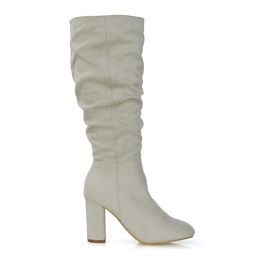 Alana Ruched Zip-up Winter Block Below the Knee High Heeled Long Boots in Silver