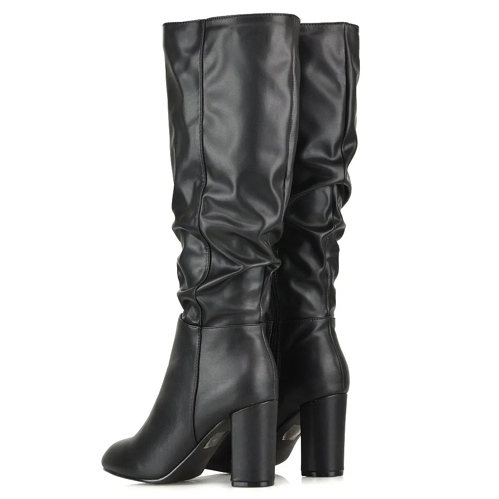 Alana Ruched Zip-up Winter Block Below the Knee High Heeled Long Boots in Silver