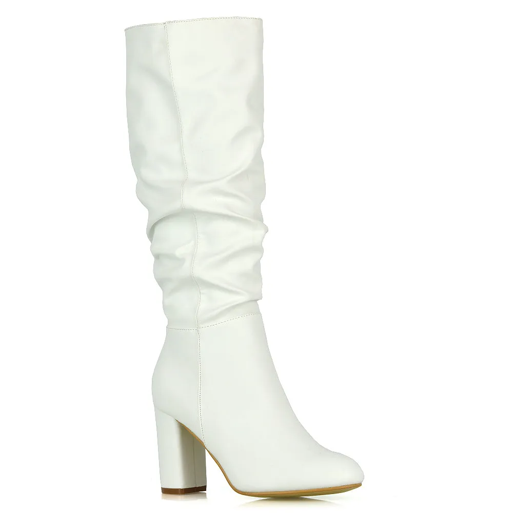 Alana Ruched Zip-up Winter Block Below the Knee High Heeled Long Boots in Silver