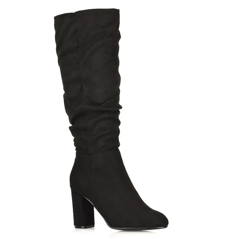 Alana Ruched Zip-up Winter Block Below the Knee High Heeled Long Boots in Silver