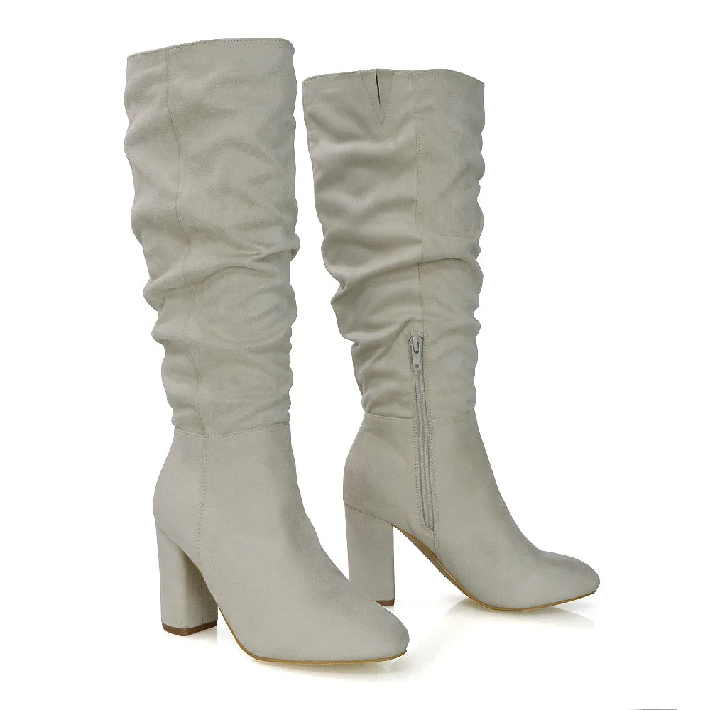 Alana Ruched Zip-up Winter Block Below the Knee High Heeled Long Boots in Silver