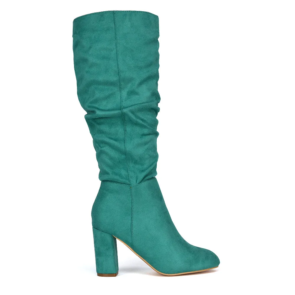 Alana Ruched Zip-up Winter Block Below the Knee High Heeled Long Boots in Silver