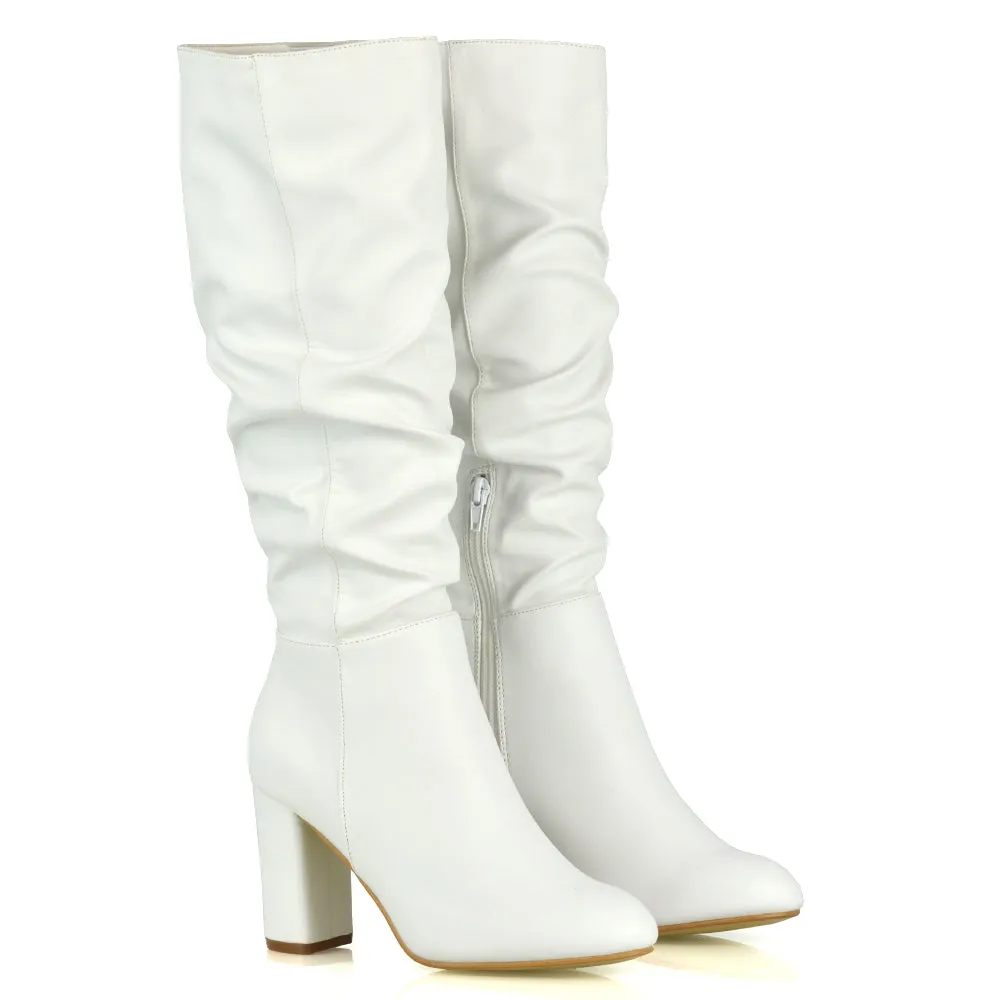 Alana Ruched Zip-up Winter Block Below the Knee High Heeled Long Boots in Silver