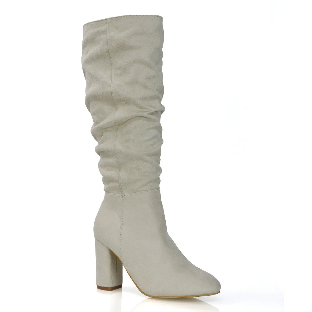 Alana Ruched Zip-up Winter Block Below the Knee High Heeled Long Boots in Silver