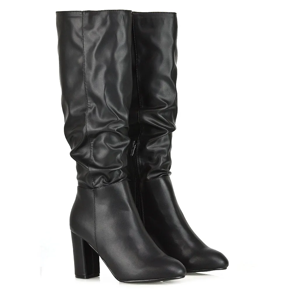 Alana Ruched Zip-up Winter Block Below the Knee High Heeled Long Boots in Silver