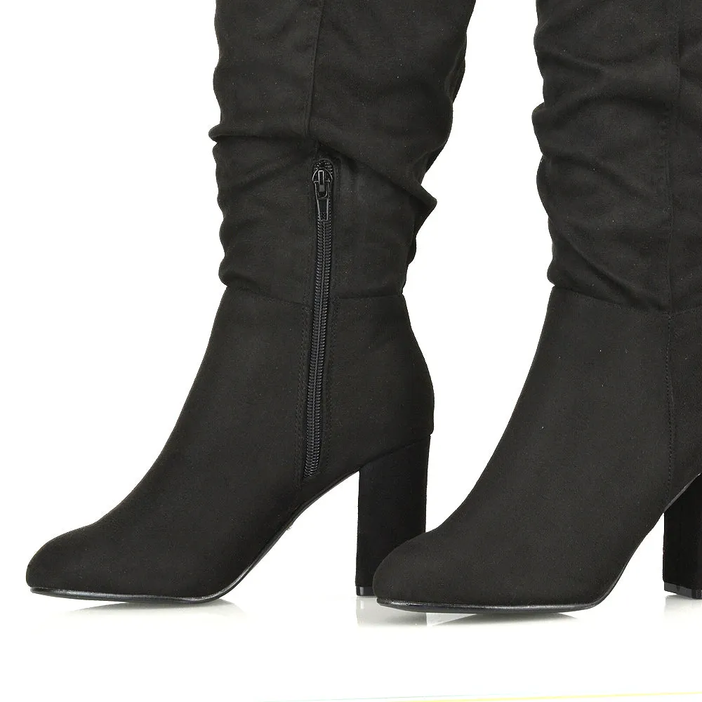 Alana Ruched Zip-up Winter Block Below the Knee High Heeled Long Boots in Silver