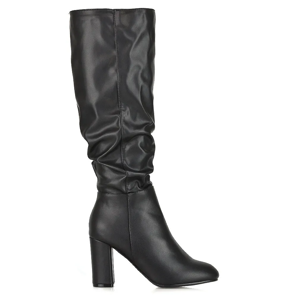 Alana Ruched Zip-up Winter Block Below the Knee High Heeled Long Boots in Silver