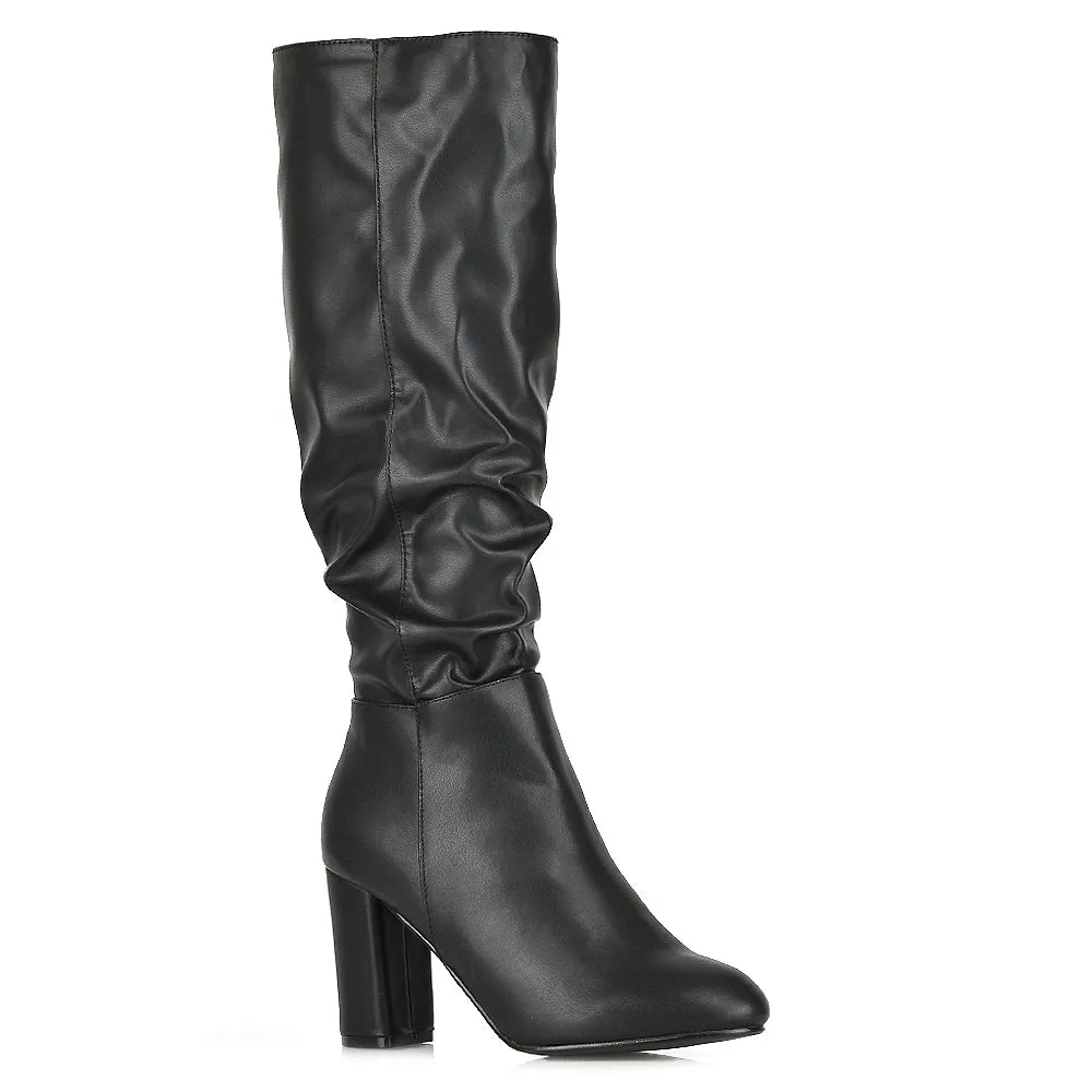 Alana Ruched Zip-up Winter Block Below the Knee High Heeled Long Boots in Silver