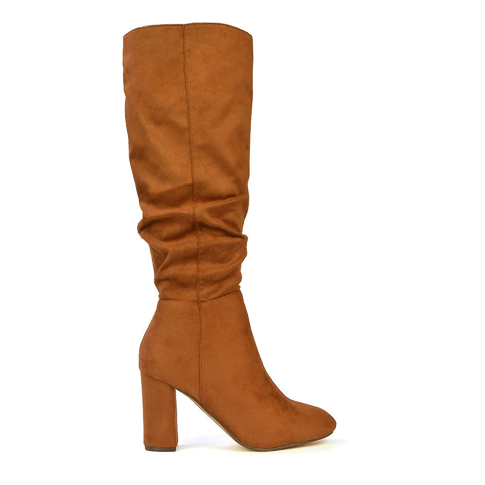 Alana Ruched Zip-up Winter Block Below the Knee High Heeled Long Boots in Silver