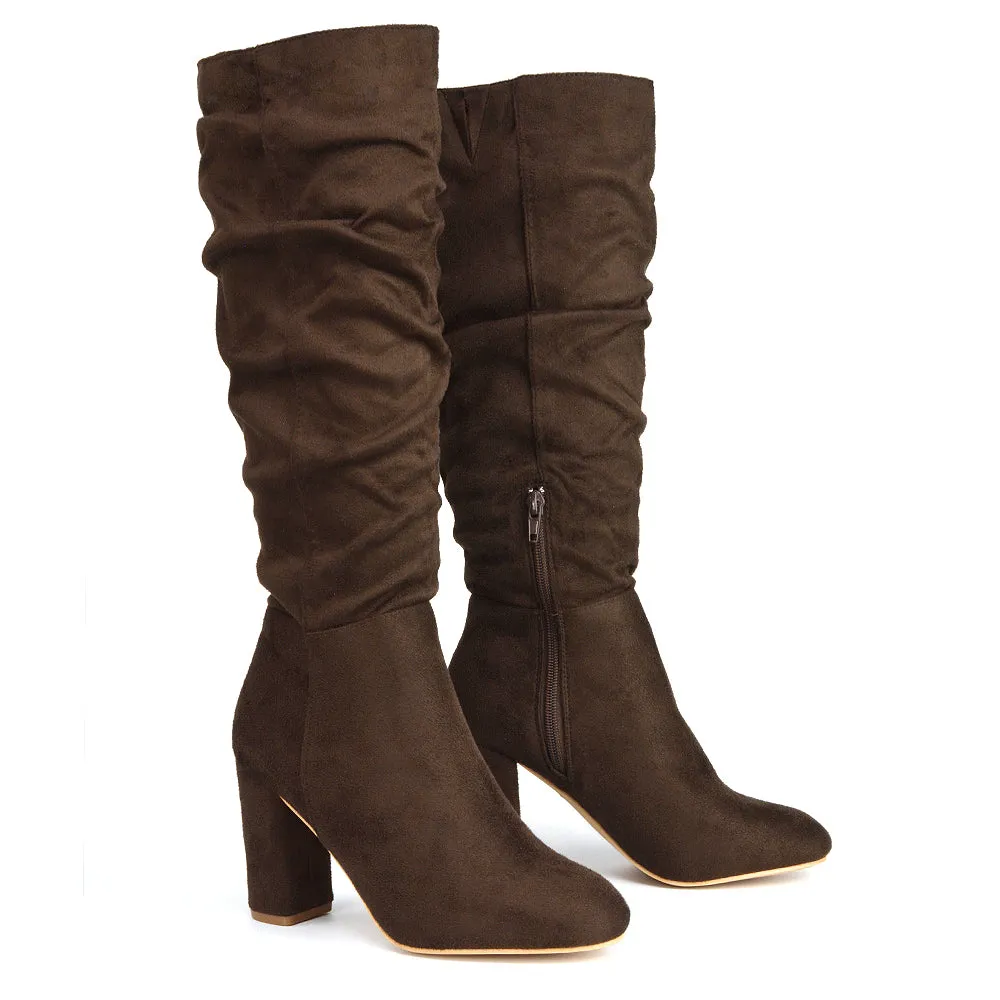 Alana Ruched Zip-up Winter Block Below the Knee High Heeled Long Boots in Silver