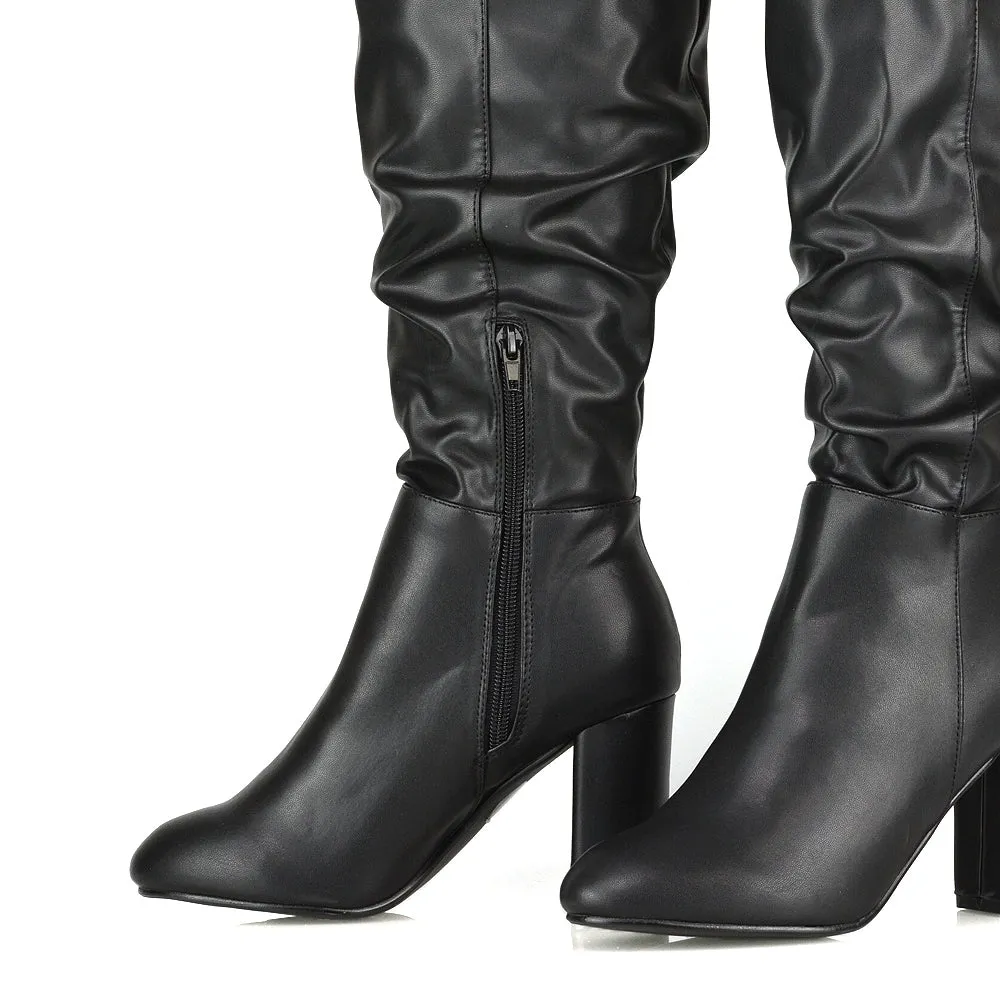 Alana Ruched Zip-up Winter Block Below the Knee High Heeled Long Boots in Silver