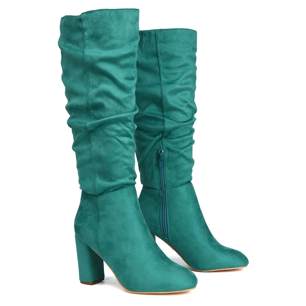 Alana Ruched Zip-up Winter Block Below the Knee High Heeled Long Boots in Silver