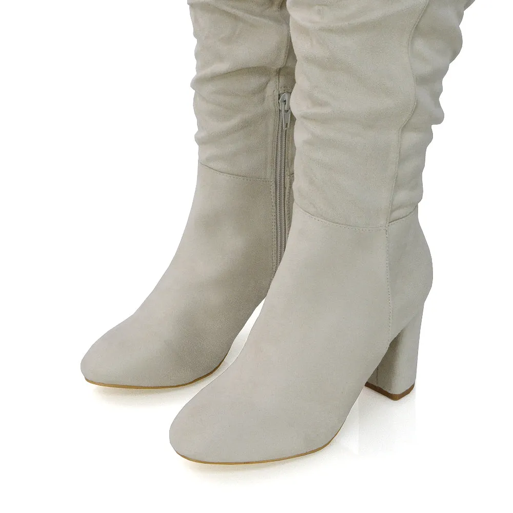 Alana Ruched Zip-up Winter Block Below the Knee High Heeled Long Boots in Silver