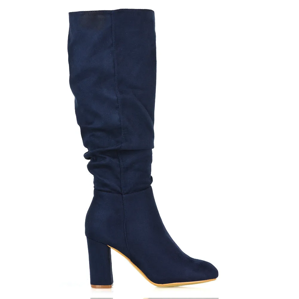 Alana Ruched Zip-up Winter Block Below the Knee High Heeled Long Boots in Silver